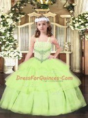 Fantastic Beading and Ruffled Layers Little Girl Pageant Dress Yellow Green Lace Up Sleeveless Floor Length