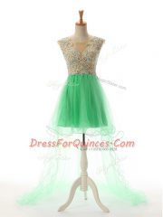 Scoop Sleeveless Tulle Prom Party Dress Appliques Backless