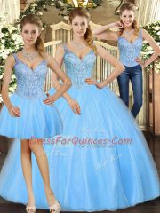 Attractive Baby Blue Tulle Lace Up Straps Sleeveless Floor Length Ball Gown Prom Dress Beading