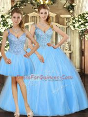 Attractive Baby Blue Tulle Lace Up Straps Sleeveless Floor Length Ball Gown Prom Dress Beading