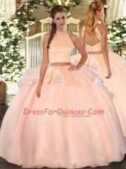 Peach Sweet 16 Dress Military Ball and Sweet 16 and Quinceanera with Beading Halter Top Sleeveless Backless