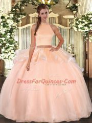 Peach Sweet 16 Dress Military Ball and Sweet 16 and Quinceanera with Beading Halter Top Sleeveless Backless