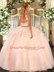 Peach Sweet 16 Dress Military Ball and Sweet 16 and Quinceanera with Beading Halter Top Sleeveless Backless