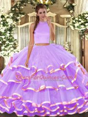 Affordable Halter Top Sleeveless Organza Quinceanera Gown Beading and Ruffled Layers Backless