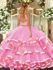 Affordable Halter Top Sleeveless Organza Quinceanera Gown Beading and Ruffled Layers Backless