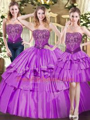 Elegant Tulle Strapless Sleeveless Lace Up Beading and Ruffled Layers Ball Gown Prom Dress in Eggplant Purple