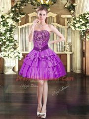 Elegant Tulle Strapless Sleeveless Lace Up Beading and Ruffled Layers Ball Gown Prom Dress in Eggplant Purple