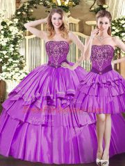 Elegant Tulle Strapless Sleeveless Lace Up Beading and Ruffled Layers Ball Gown Prom Dress in Eggplant Purple