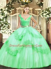 V-neck Sleeveless Quinceanera Gowns Floor Length Beading and Appliques Apple Green Tulle