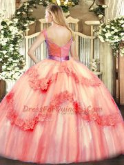 V-neck Sleeveless Quinceanera Gowns Floor Length Beading and Appliques Apple Green Tulle