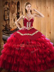 Best Wine Red Sleeveless Floor Length Embroidery and Ruffled Layers Lace Up Quinceanera Dress