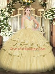 Enchanting Sweetheart Sleeveless Quince Ball Gowns Floor Length Beading and Ruffled Layers Yellow Taffeta