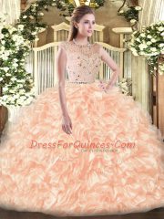Peach Ball Gowns Bateau Sleeveless Tulle Floor Length Zipper Beading and Ruffles Sweet 16 Dresses