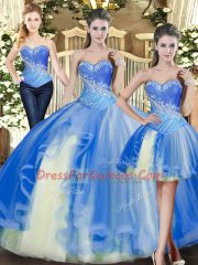 Custom Designed Baby Blue Ball Gowns Tulle Sweetheart Sleeveless Beading Floor Length Lace Up Sweet 16 Dress