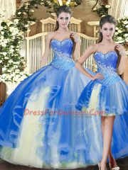 Custom Designed Baby Blue Ball Gowns Tulle Sweetheart Sleeveless Beading Floor Length Lace Up Sweet 16 Dress