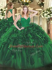 V-neck Sleeveless Organza Ball Gown Prom Dress Beading and Lace and Ruffles Backless