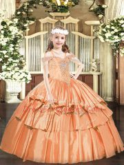 Excellent Orange Ball Gowns Beading and Ruffled Layers Pageant Dress for Womens Lace Up Organza Sleeveless Floor Length
