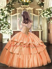 Excellent Orange Ball Gowns Beading and Ruffled Layers Pageant Dress for Womens Lace Up Organza Sleeveless Floor Length