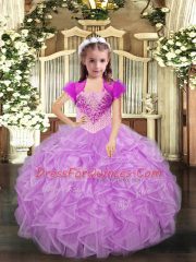 Customized Straps Sleeveless Little Girl Pageant Dress Floor Length Beading and Ruffles Lilac Organza