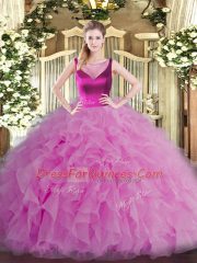 Decent Lilac Sleeveless Floor Length Beading and Ruffles Side Zipper Quinceanera Gowns