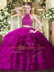 Artistic Fuchsia Tulle Backless 15th Birthday Dress Sleeveless Floor Length Beading and Ruffles
