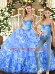 Sleeveless Organza Floor Length Lace Up Quinceanera Dress in Baby Blue and Light Blue with Beading and Ruffles