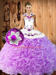 Free and Easy Lilac Fabric With Rolling Flowers Lace Up Halter Top Sleeveless Floor Length Sweet 16 Dress Embroidery