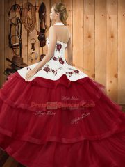 Custom Design Halter Top Sleeveless Sweet 16 Dresses Sweep Train Embroidery and Ruffled Layers Olive Green Organza
