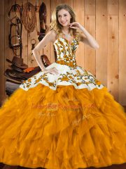 Sexy Gold Sleeveless Satin and Organza Lace Up 15th Birthday Dress for Military Ball and Sweet 16 and Quinceanera