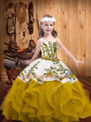 Gold Lace Up Pageant Gowns For Girls Embroidery and Ruffles Sleeveless Floor Length
