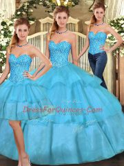 Dynamic Aqua Blue Lace Up Quinceanera Dress Beading and Ruffled Layers Sleeveless Floor Length