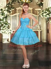 Dynamic Aqua Blue Lace Up Quinceanera Dress Beading and Ruffled Layers Sleeveless Floor Length