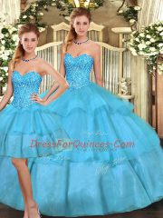 Dynamic Aqua Blue Lace Up Quinceanera Dress Beading and Ruffled Layers Sleeveless Floor Length