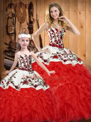 Sweetheart Sleeveless 15th Birthday Dress Floor Length Embroidery and Ruffles White And Red Satin and Organza