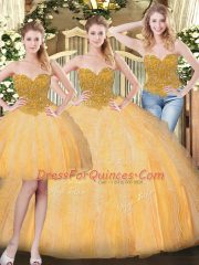 Spectacular Gold Sweetheart Lace Up Beading and Ruffles Ball Gown Prom Dress Sleeveless