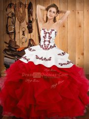 Decent White And Red Strapless Neckline Embroidery and Ruffles 15 Quinceanera Dress Sleeveless Lace Up
