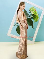 Rust Red Zipper Homecoming Dress Sequins Half Sleeves Floor Length
