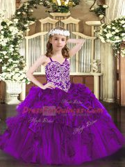 Straps Sleeveless Lace Up Kids Formal Wear Purple Organza