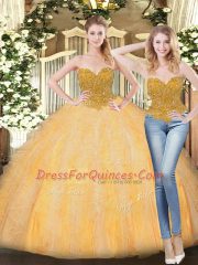 Attractive Gold Zipper Sweetheart Beading and Ruffles Ball Gown Prom Dress Tulle Sleeveless
