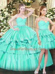 Aqua Blue Ball Gowns Sweetheart Sleeveless Organza Floor Length Lace Up Ruching 15th Birthday Dress