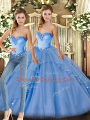 Cute Organza Sweetheart Sleeveless Lace Up Beading and Ruffles Vestidos de Quinceanera in Baby Blue