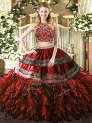 Beading and Ruffles Quince Ball Gowns Burgundy Zipper Sleeveless Floor Length