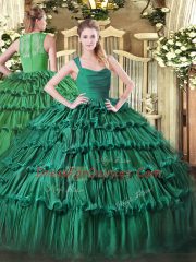Colorful Green Ball Gowns Organza Straps Sleeveless Ruffled Layers Floor Length Zipper 15th Birthday Dress