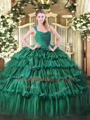 Colorful Green Ball Gowns Organza Straps Sleeveless Ruffled Layers Floor Length Zipper 15th Birthday Dress