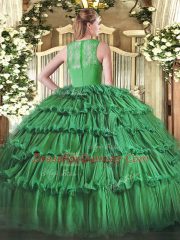 Colorful Green Ball Gowns Organza Straps Sleeveless Ruffled Layers Floor Length Zipper 15th Birthday Dress