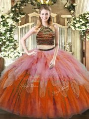 Flirting Floor Length Lace Up Sweet 16 Dress Multi-color for Military Ball and Sweet 16 and Quinceanera with Beading and Ruffles