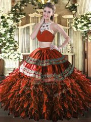 Hot Selling Sleeveless Floor Length Beading and Ruffles Backless Quinceanera Dresses with Rust Red