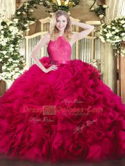 Most Popular Floor Length Hot Pink 15 Quinceanera Dress Fabric With Rolling Flowers Sleeveless Lace