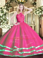 Classical Hot Pink Scoop Zipper Lace Quinceanera Gown Sleeveless