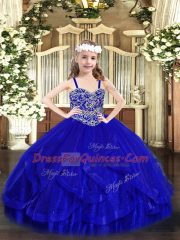 Royal Blue Ball Gowns Beading and Ruffles Pageant Gowns For Girls Lace Up Tulle Sleeveless Floor Length